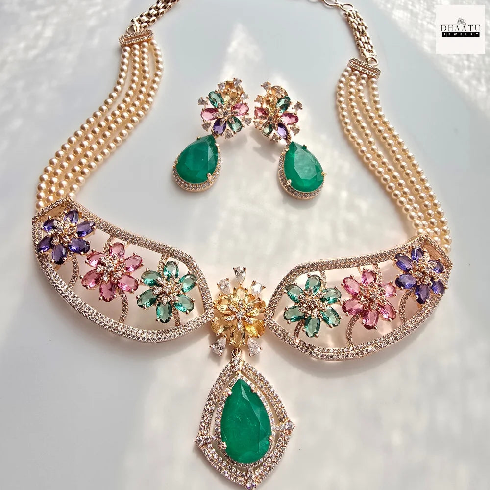 Gulnaar Floral Choker Set – Handcrafted Multi-Stone Pearl Necklace with Emerald Drop Earrings