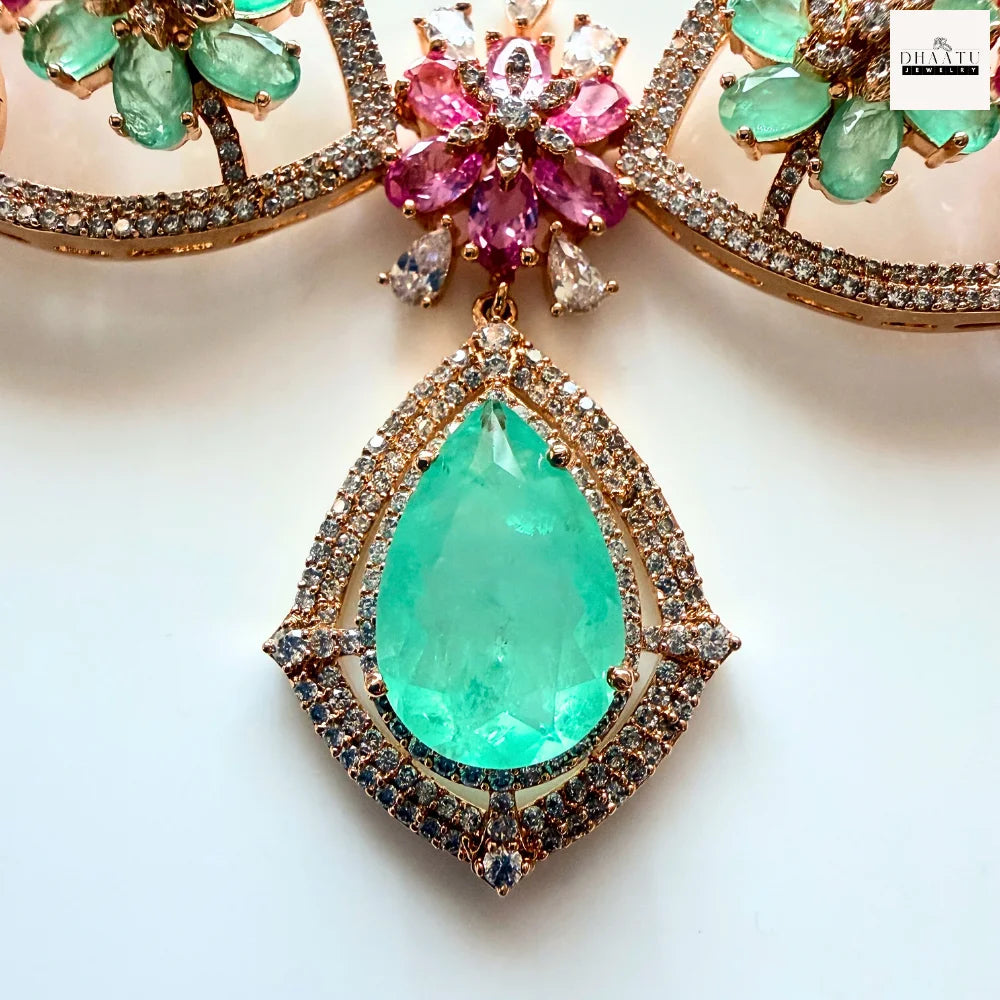 Gulnaar Floral Choker Set – Handcrafted Multi-Stone Pearl Necklace with Emerald Drop Earrings