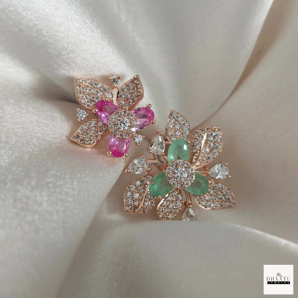 Gulnaar Dual-Floral Open Bypass Ring in Rose Gold with Pink & Mint Stones