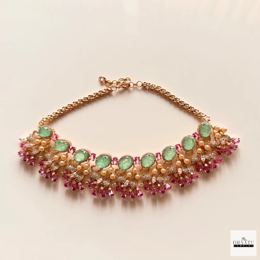 Gulnaar Mint Green & Pink Floral Necklace Set | Handcrafted Festive Jewelry by Dhaatu