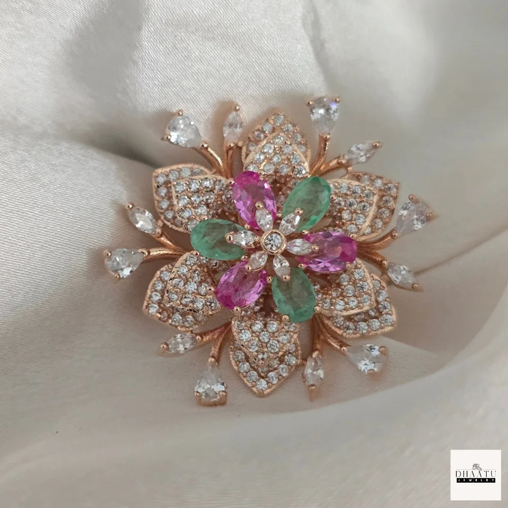 Gulnaar Floral Statement Ring – Rose Gold Plated Cocktail Ring with Pink & Green Stones