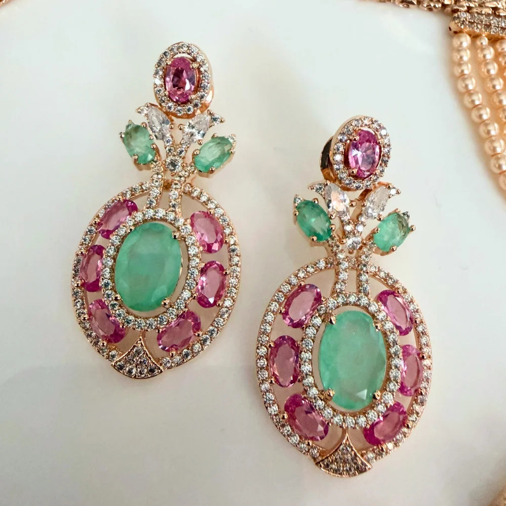 Gulnaar Mint Green & Pink Stone Choker Set with Multi-Strand Pearls