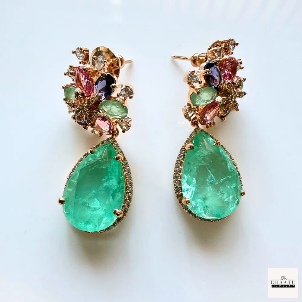 Gulnaar Floral Choker Set – Handcrafted Multi-Stone Pearl Necklace with Emerald Drop Earrings