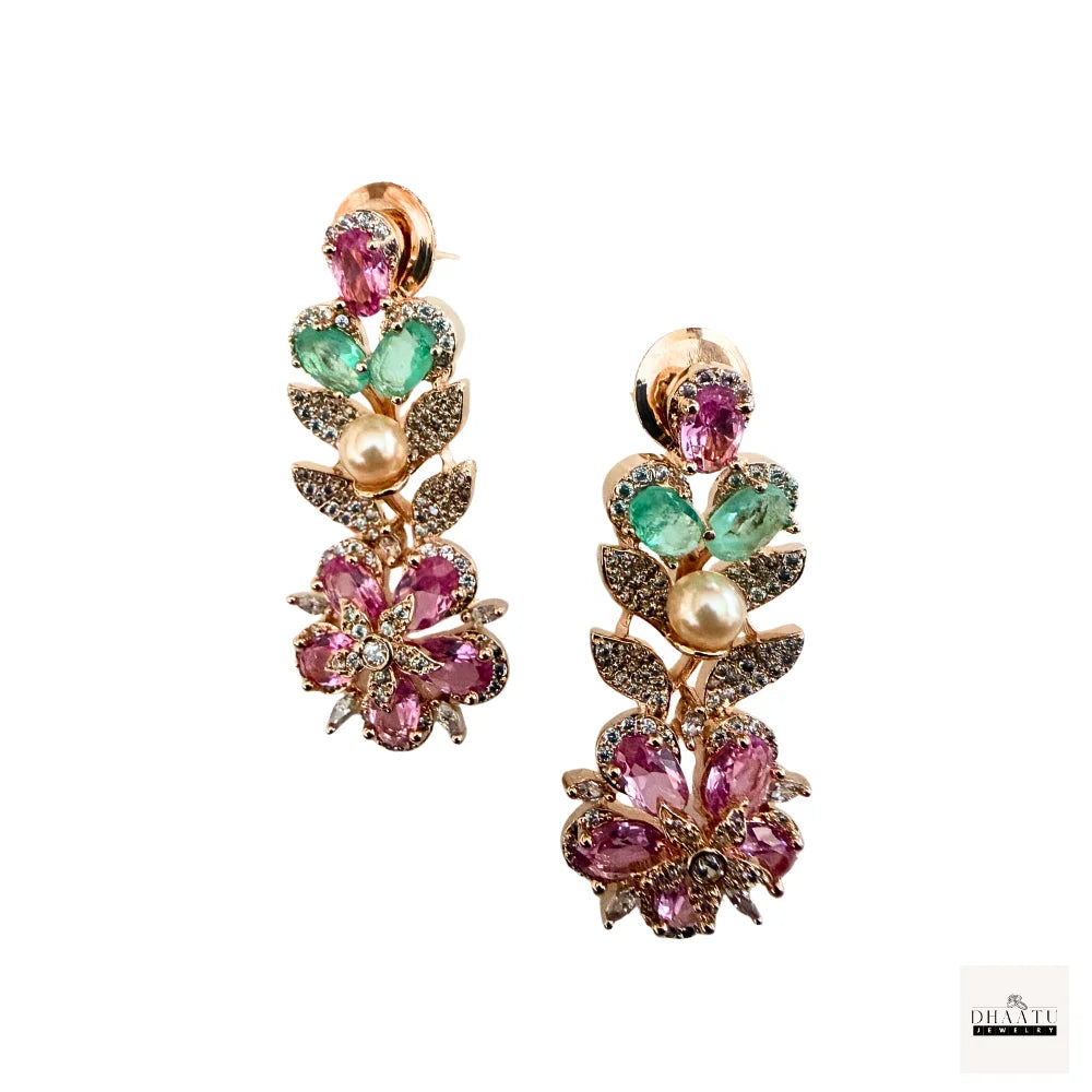 Gulnaar Floral Rose Gold Necklace Set with Pink & Mint Stones and Pearls