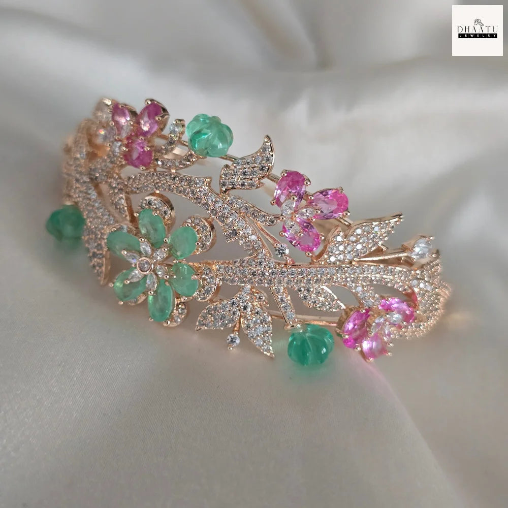 Gulnaar Floral Bracelet in Rose Gold with Mint Green and Pink Sapphire Accents