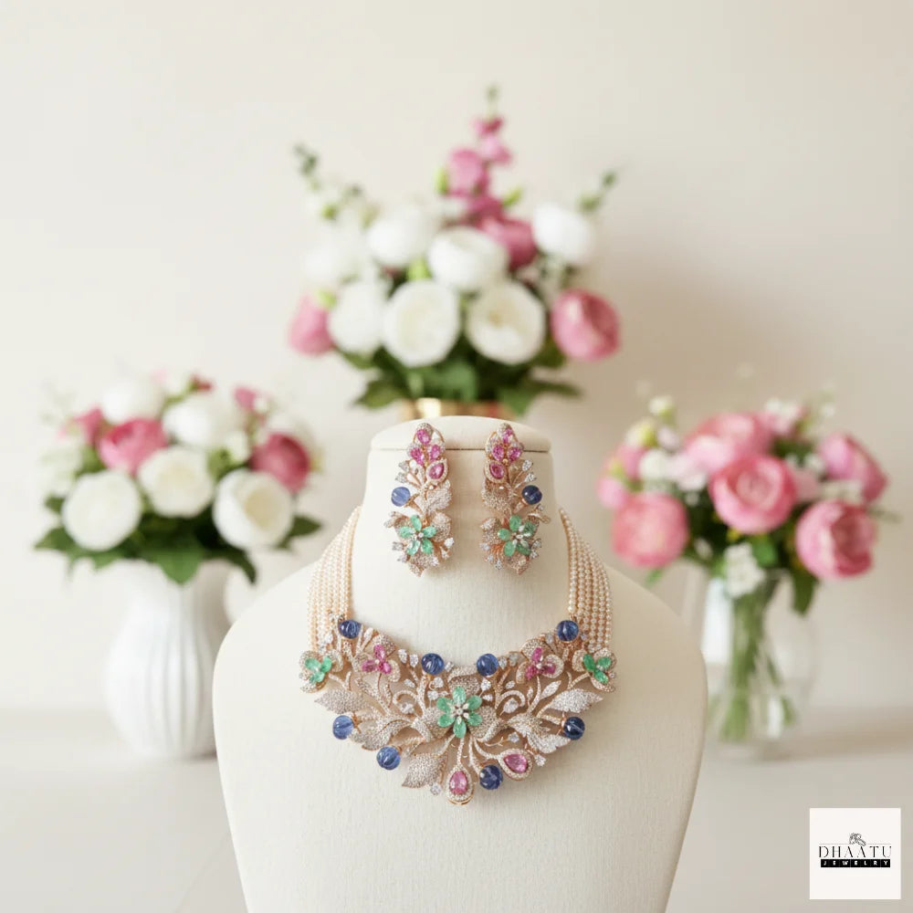 Handcrafted Floral Polki Necklace & Earrings Set with Multi-Strand Pearls