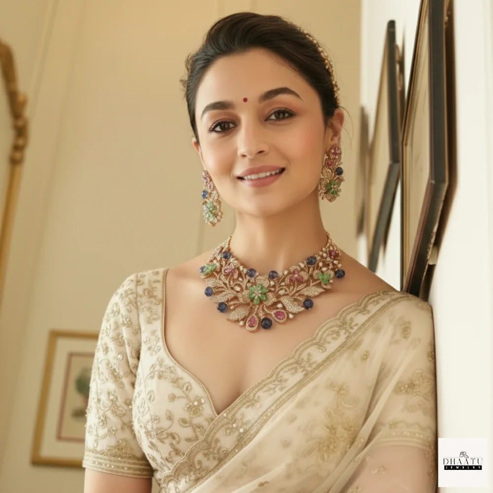 Handcrafted Floral Polki Necklace & Earrings Set with Multi-Strand Pearls