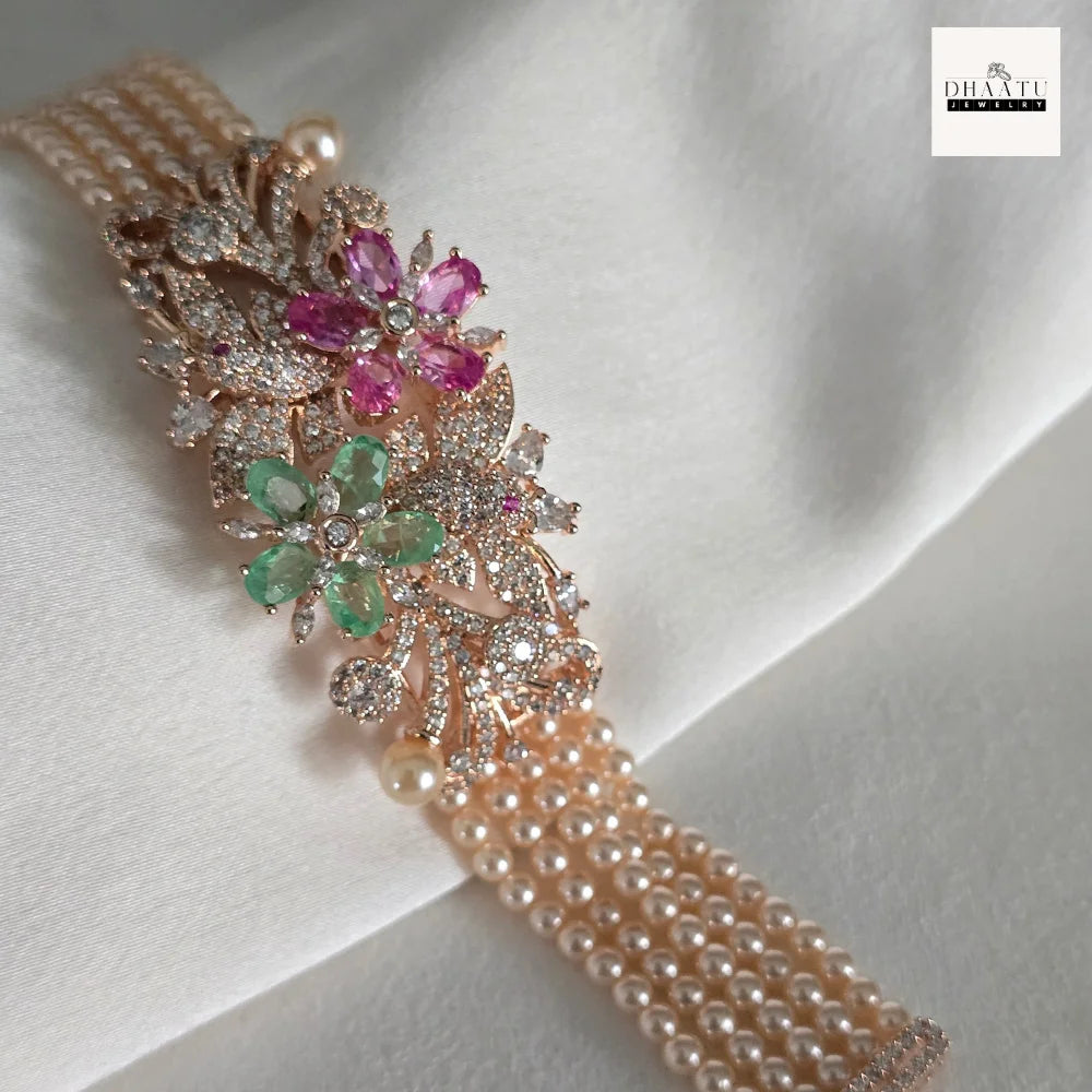 Gulnaar Floral Multi-Strand Pearl Bracelet with Mint & Pink Floral Accents
