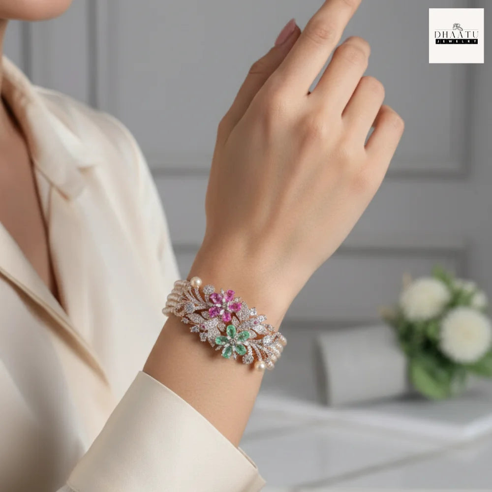 Gulnaar Floral Multi-Strand Pearl Bracelet with Mint & Pink Floral Accents
