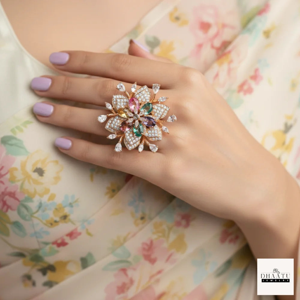 Gulnaar Floral Statement Ring – Rose Gold Plated Cocktail Ring with Pink & Green Stones