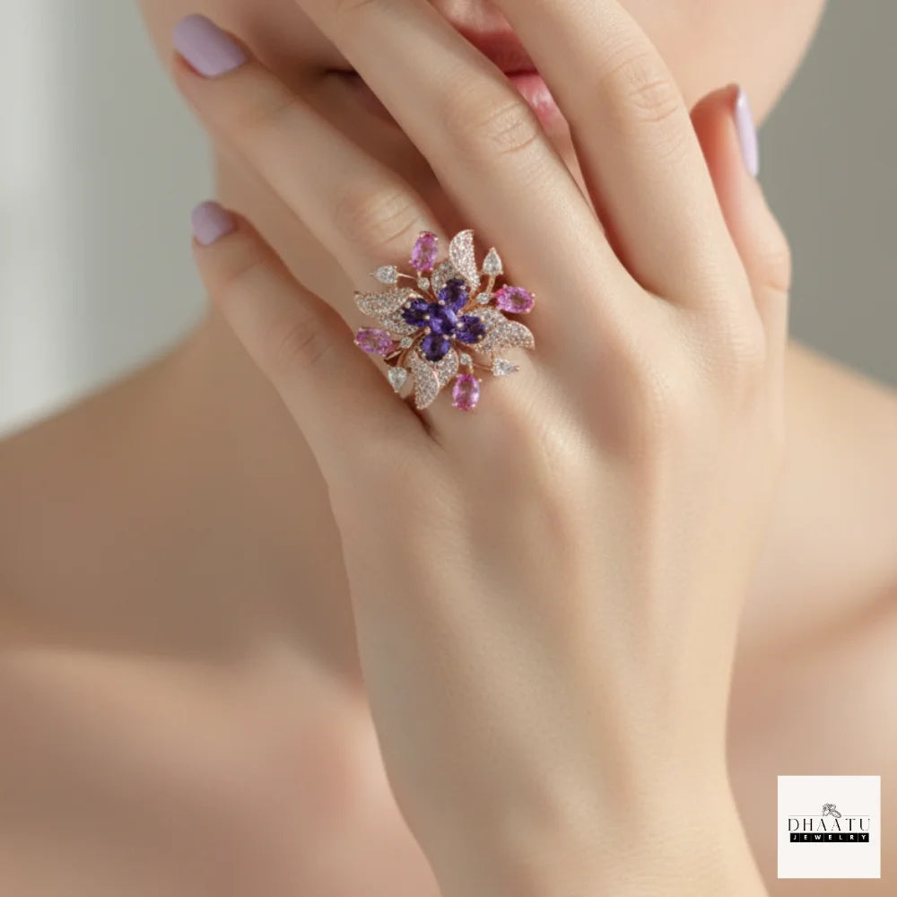 Gulnaar Amethyst & Pink Sapphire Floral Statement Ring - Adjustable Rose Gold Cocktail Ring