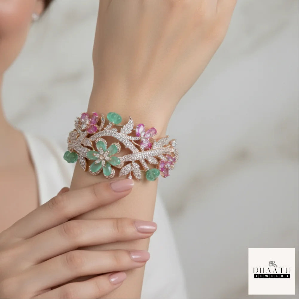 Gulnaar Floral Bracelet in Rose Gold with Mint Green and Pink Sapphire Accents