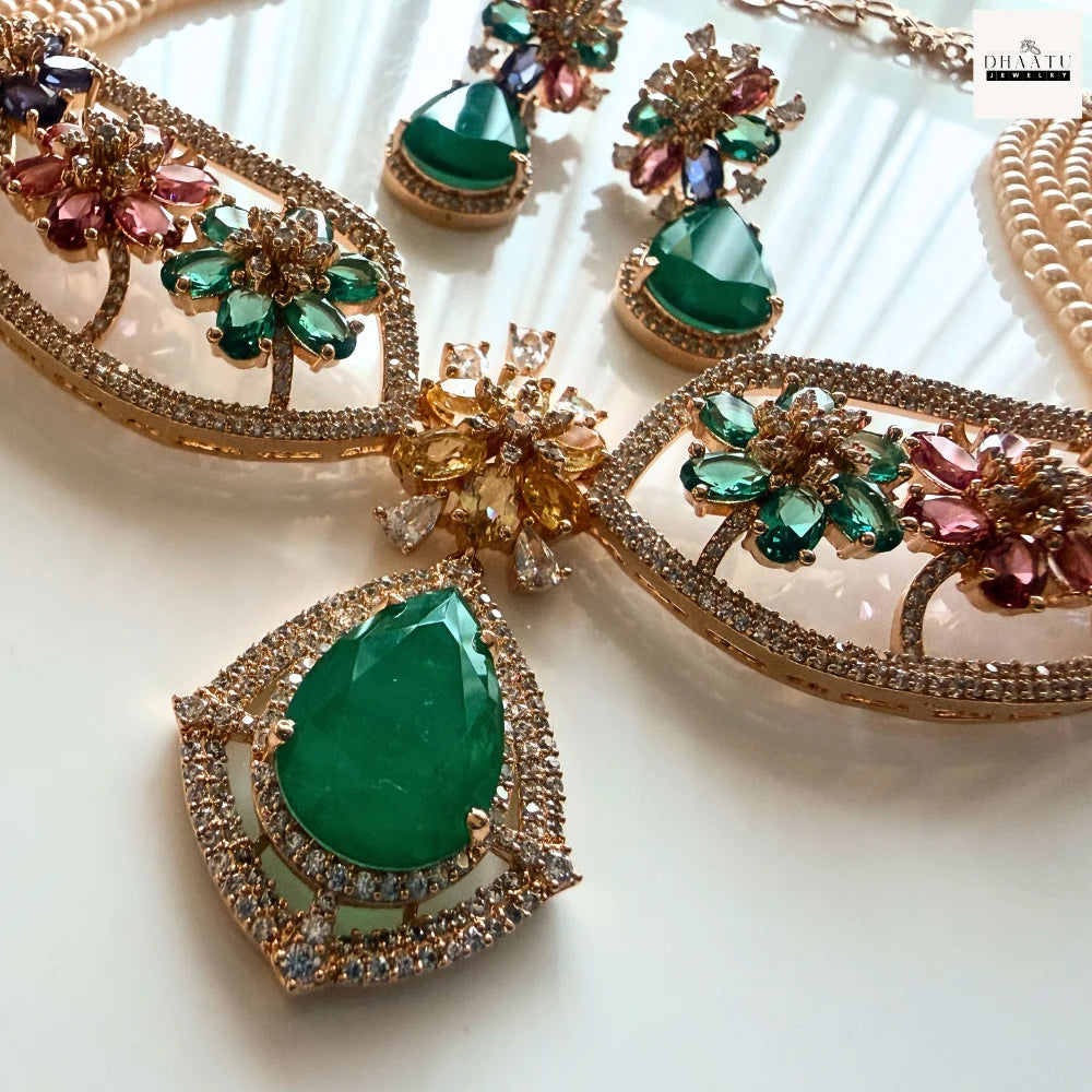 Gulnaar Floral Choker Set – Handcrafted Multi-Stone Pearl Necklace with Emerald Drop Earrings