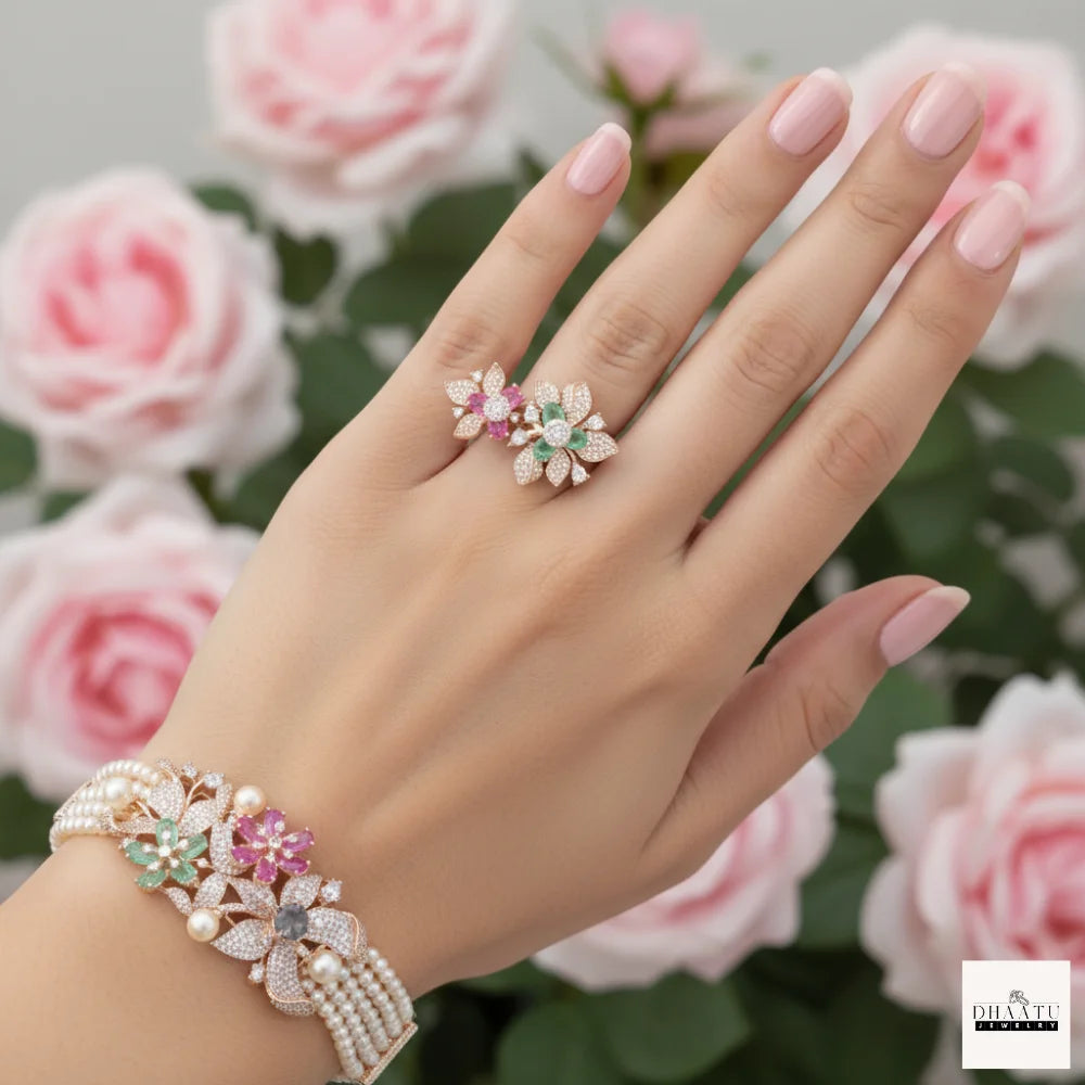Gulnaar Dual-Floral Open Bypass Ring in Rose Gold with Pink & Mint Stones