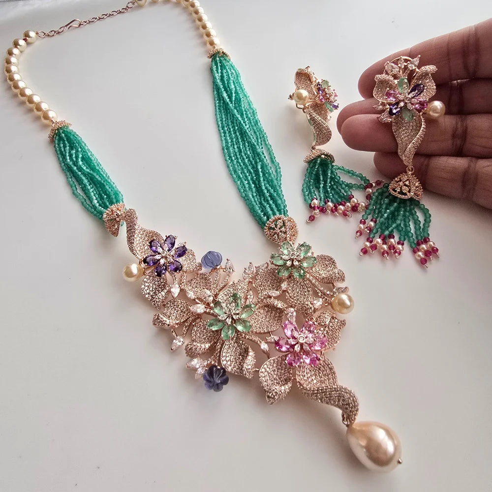 Floral Emerald & Pastel Stone Necklace Set with Pearl Drop