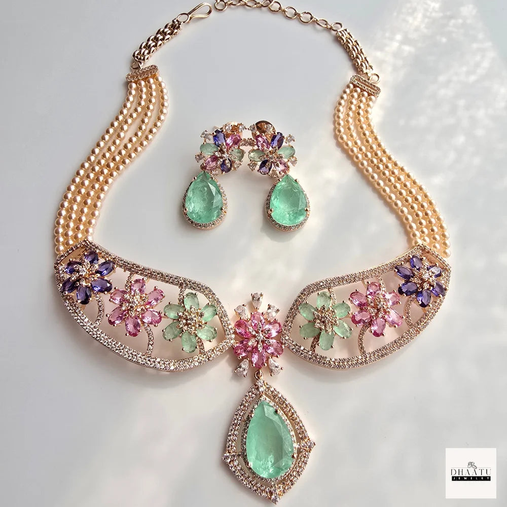 Gulnaar Floral Choker Set – Handcrafted Multi-Stone Pearl Necklace with Emerald Drop Earrings