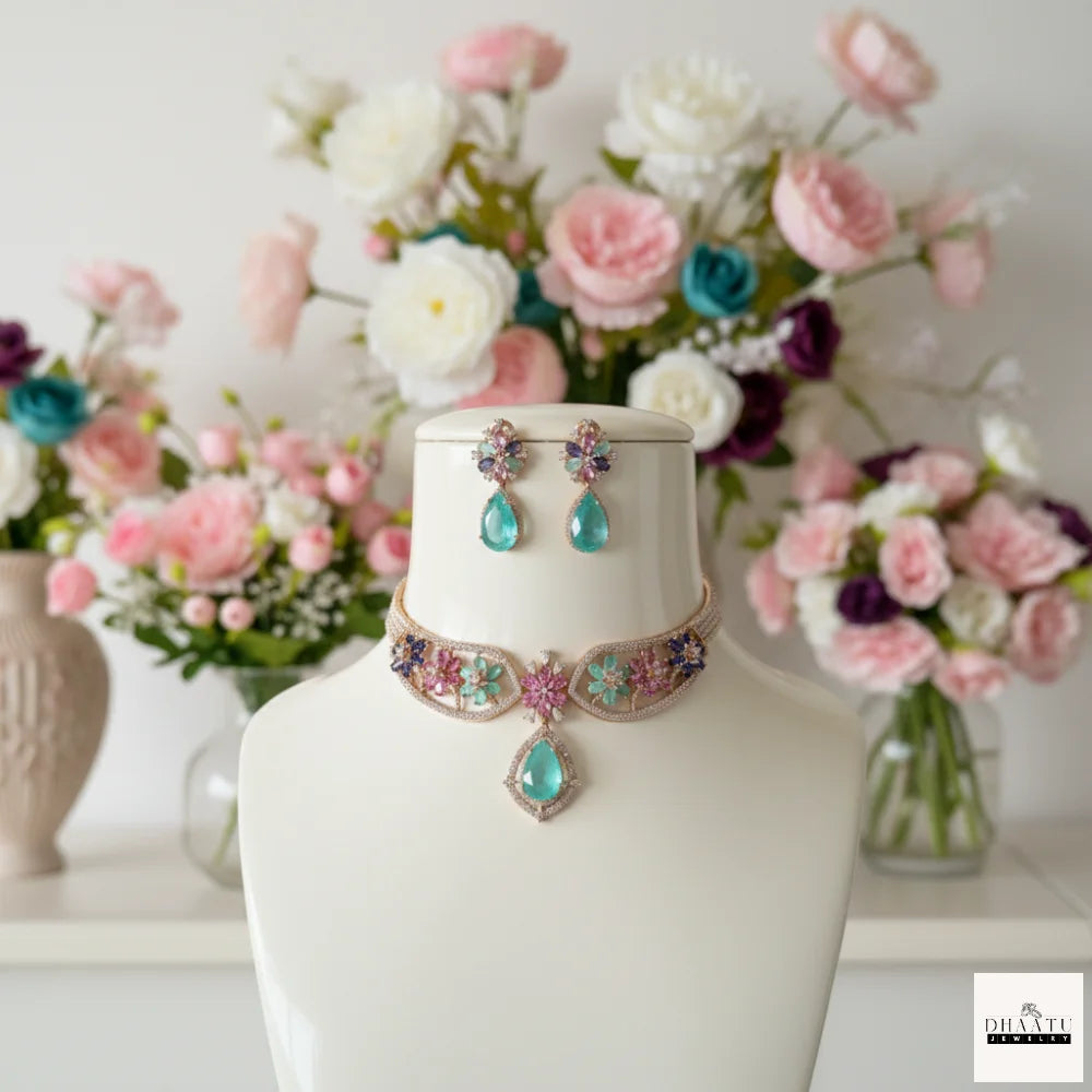 Gulnaar Floral Choker Set – Handcrafted Multi-Stone Pearl Necklace with Emerald Drop Earrings