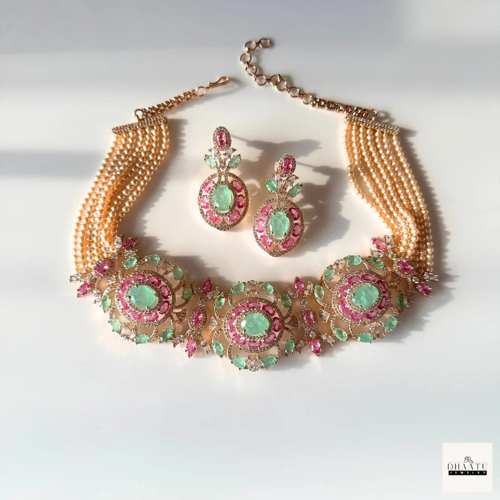 Gulnaar Mint Green & Pink Stone Choker Set with Multi-Strand Pearls