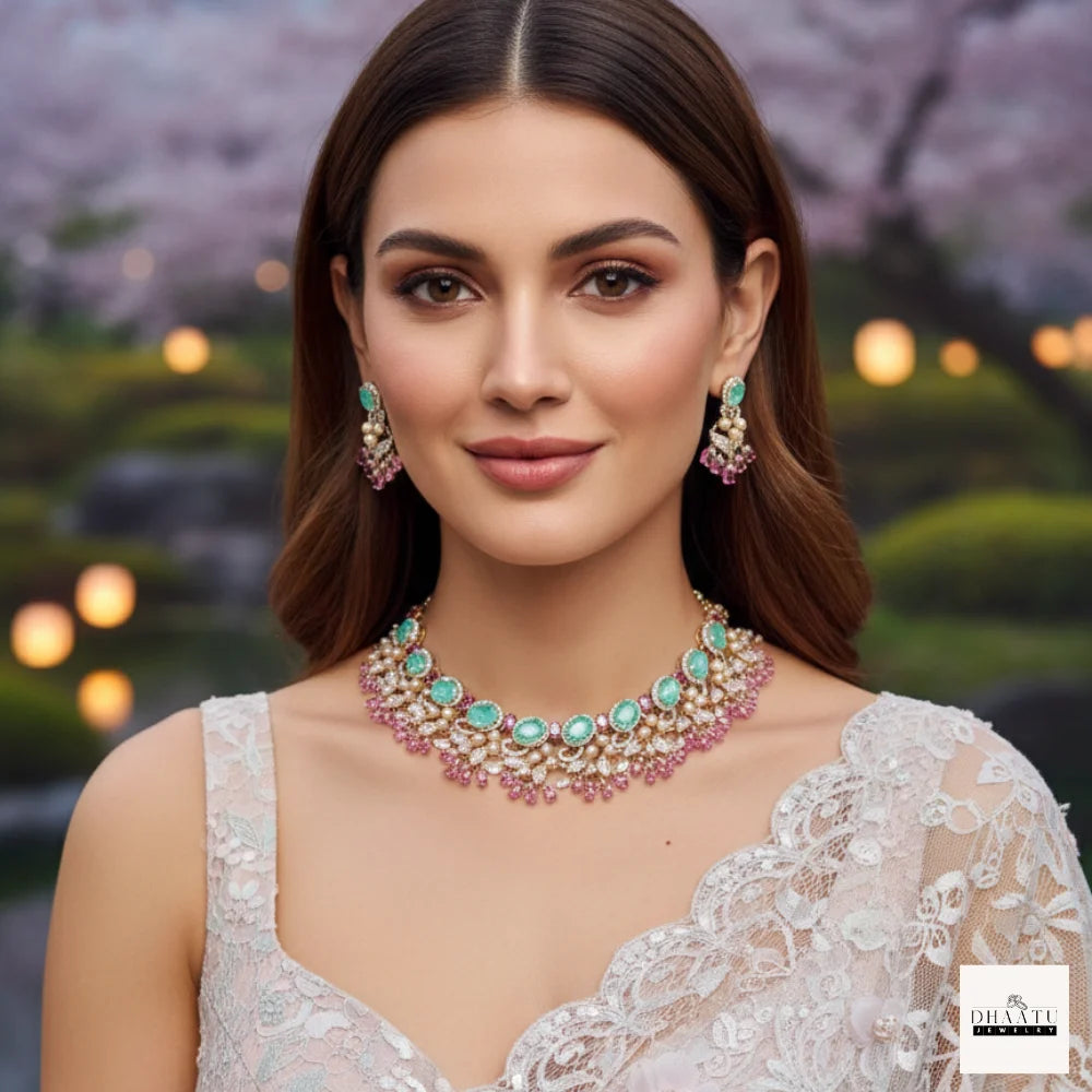 Gulnaar Mint Green & Pink Floral Necklace Set | Handcrafted Festive Jewelry by Dhaatu
