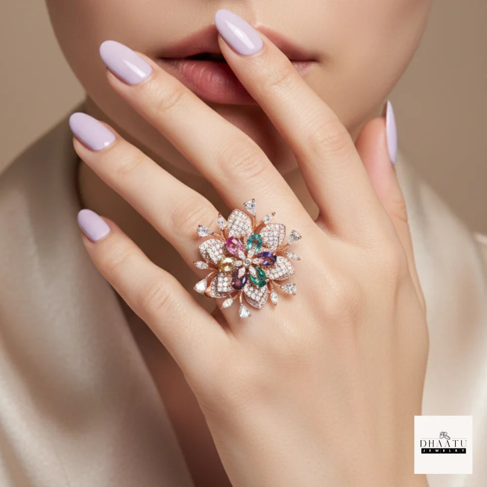 Gulnaar Floral Statement Ring – Rose Gold Plated Cocktail Ring with Pink & Green Stones