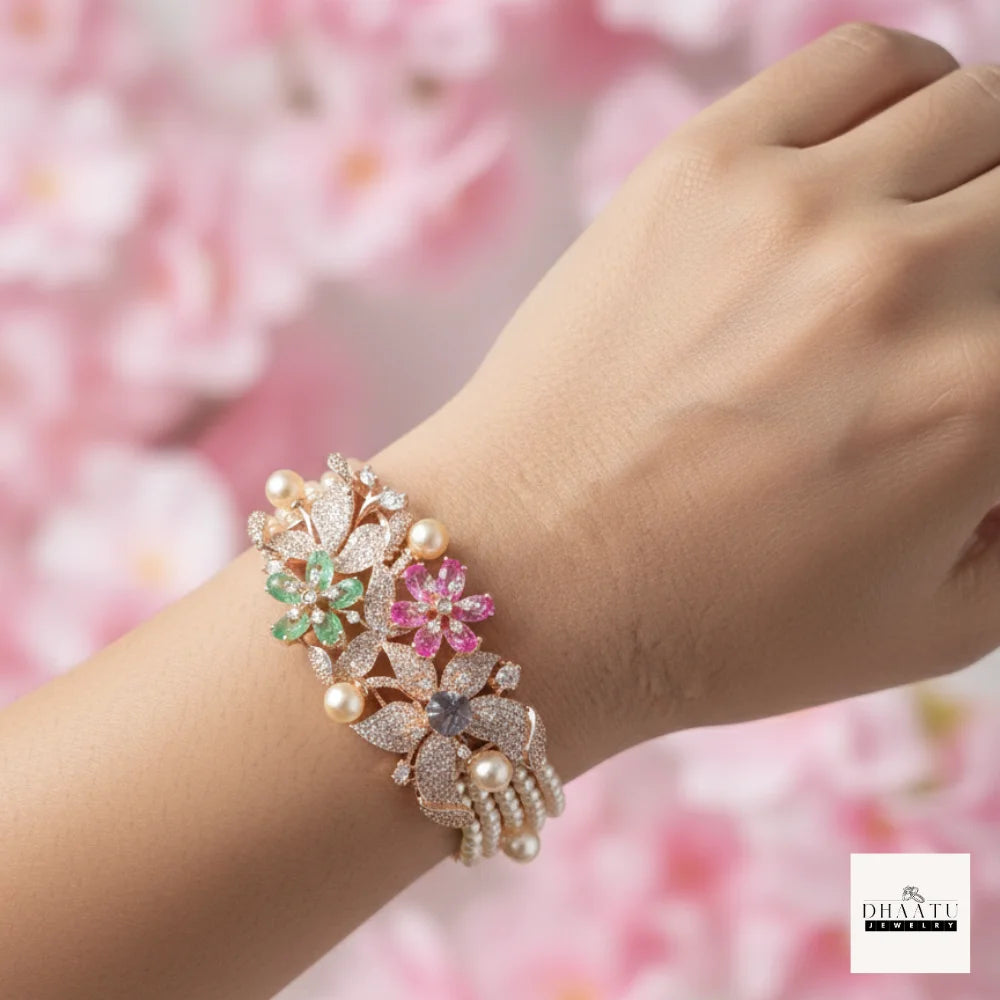 Gulnaar Multi-Hued Floral Multi-Strand Pearl Bracelet in Rose Gold Finish