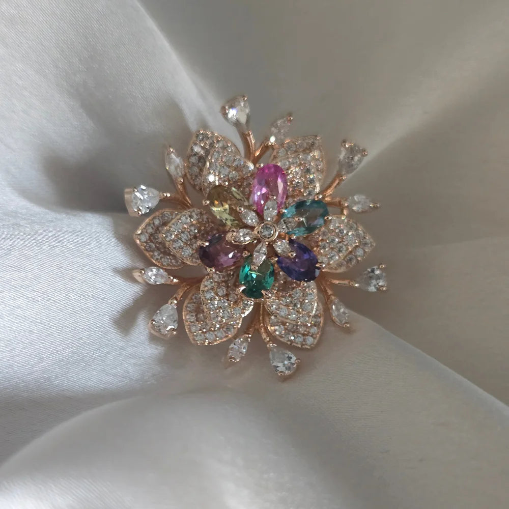 Gulnaar Floral Statement Ring – Rose Gold Plated Cocktail Ring with Pink & Green Stones