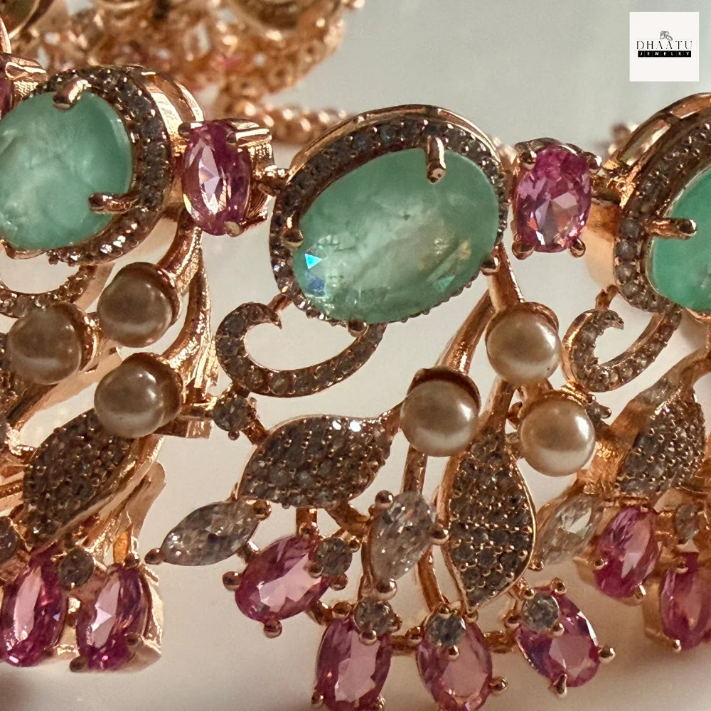 Gulnaar Mint Green & Pink Floral Necklace Set | Handcrafted Festive Jewelry by Dhaatu