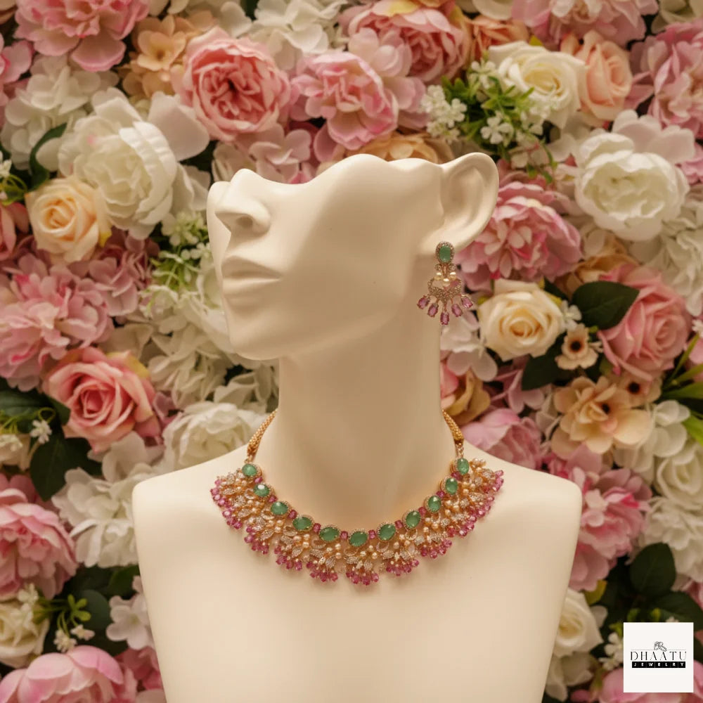 Gulnaar Mint Green & Pink Floral Necklace Set | Handcrafted Festive Jewelry by Dhaatu