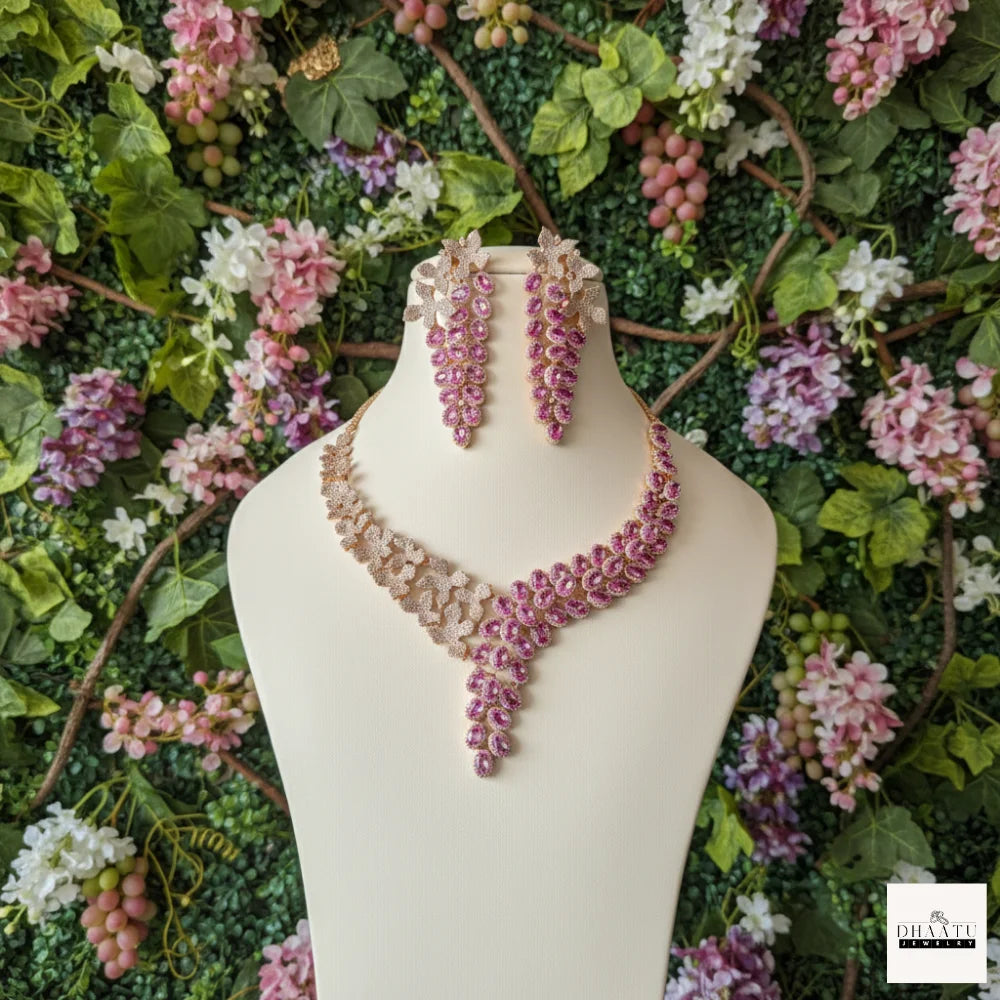 Gulnaar Pink Sapphire-Toned Floral Statement Necklace and Drop Earrings Set