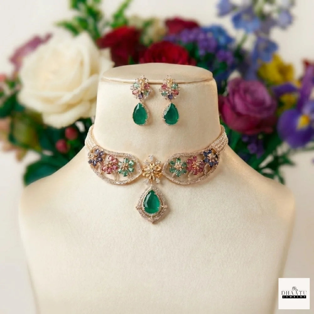 Gulnaar Floral Choker Set – Handcrafted Multi-Stone Pearl Necklace with Emerald Drop Earrings