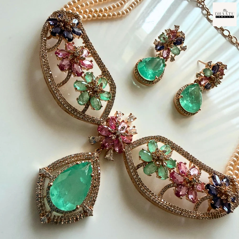 Gulnaar Floral Choker Set – Handcrafted Multi-Stone Pearl Necklace with Emerald Drop Earrings