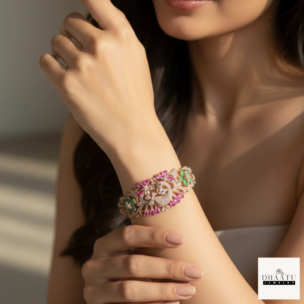 Gulnaar Peacock Motif Handcrafted Kada – Rose Gold Finish with Pink & Mint Green Stones