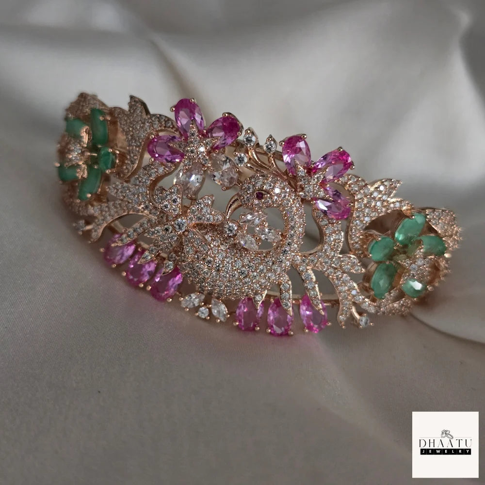 Gulnaar Peacock Motif Handcrafted Kada – Rose Gold Finish with Pink & Mint Green Stones