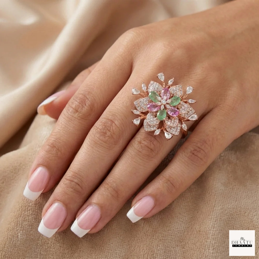 Gulnaar Floral Statement Ring – Rose Gold Plated Cocktail Ring with Pink & Green Stones