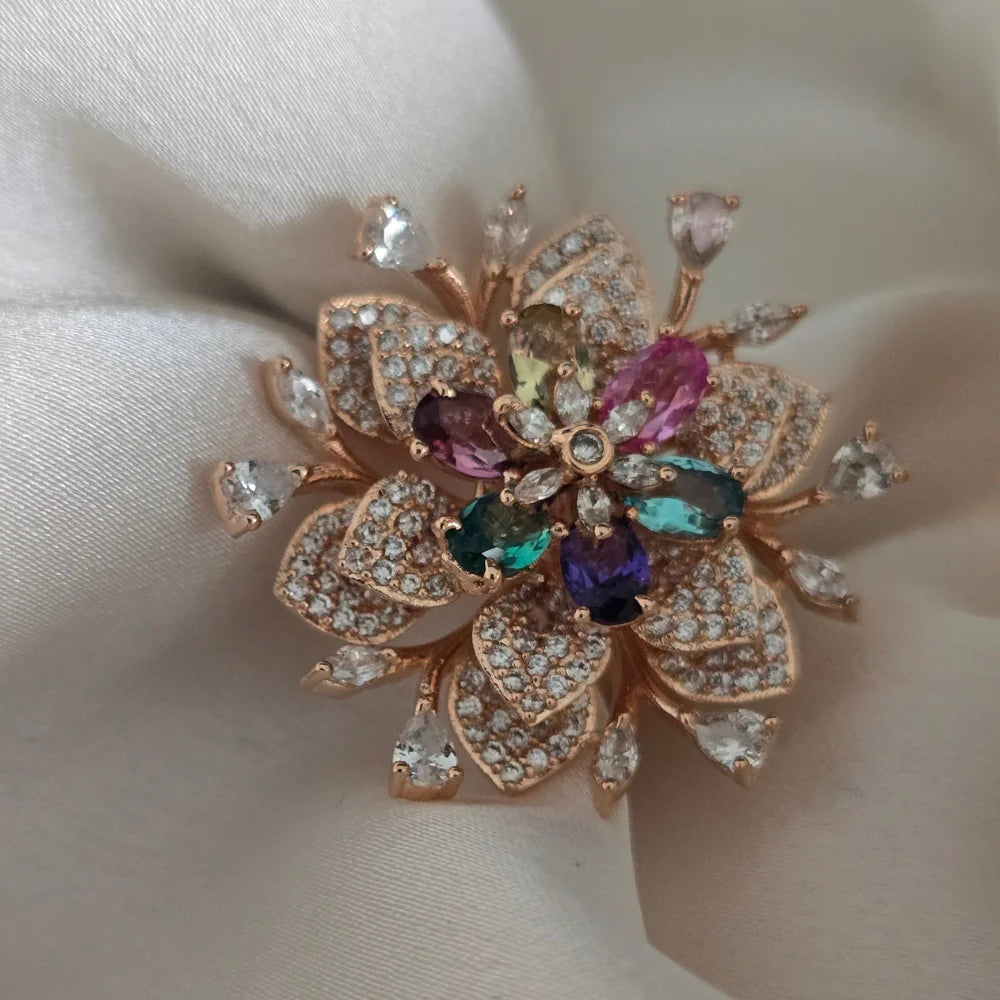 Gulnaar Floral Statement Ring – Rose Gold Plated Cocktail Ring with Pink & Green Stones