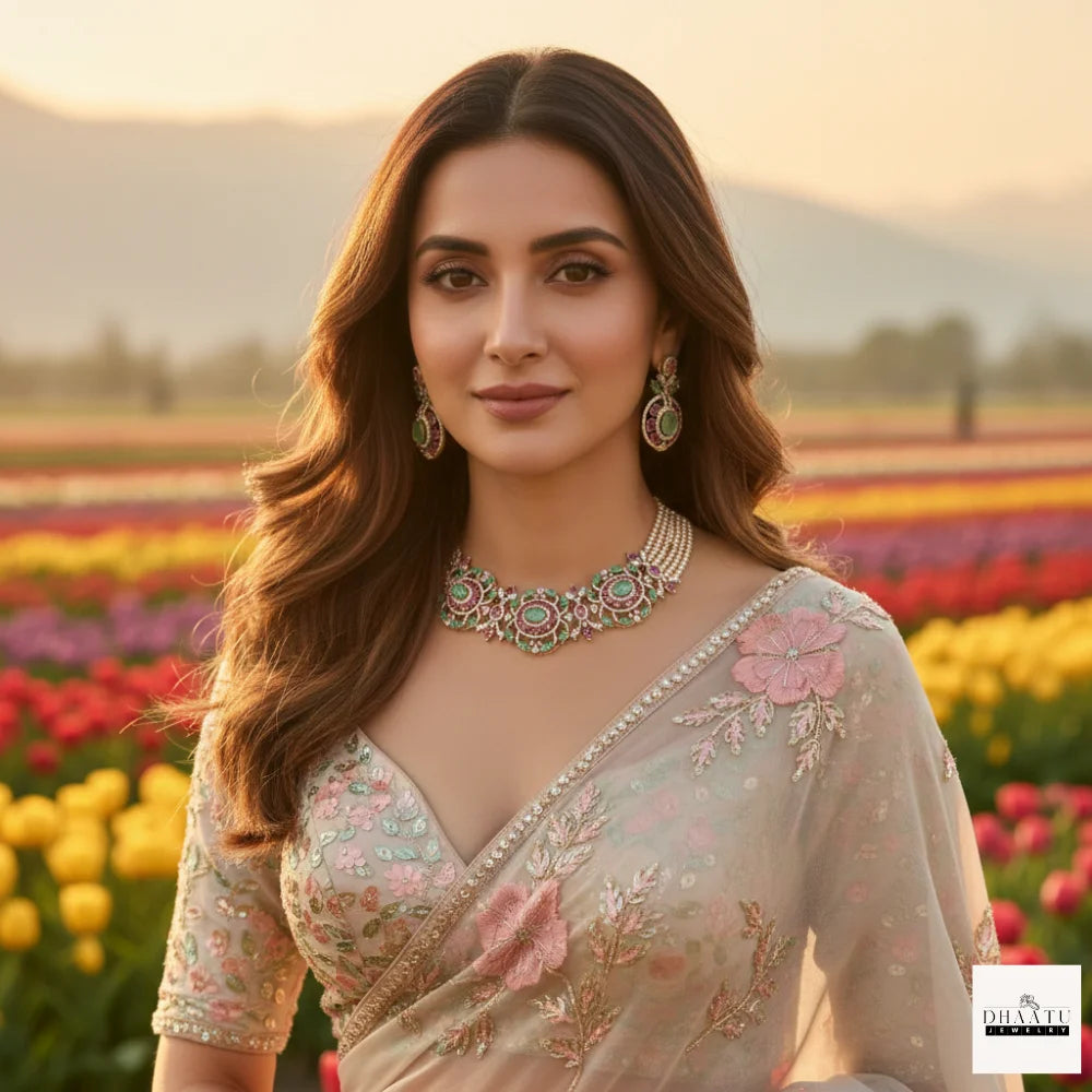 Gulnaar Mint Green & Pink Stone Choker Set with Multi-Strand Pearls