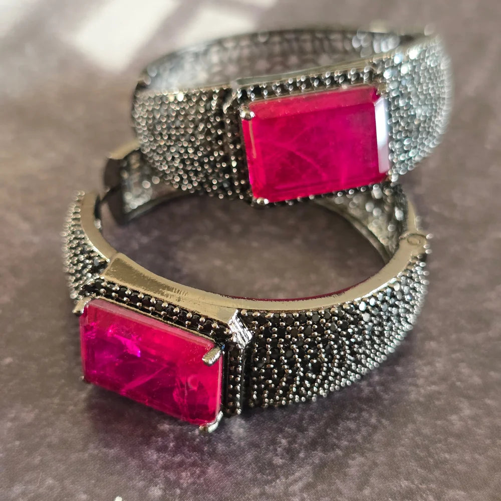 Midnight Fuchsia: Emerald-Cut Pink Crystal & Black Pavé Wide Huggie Hoop Earrings (Gunmetal Finish)