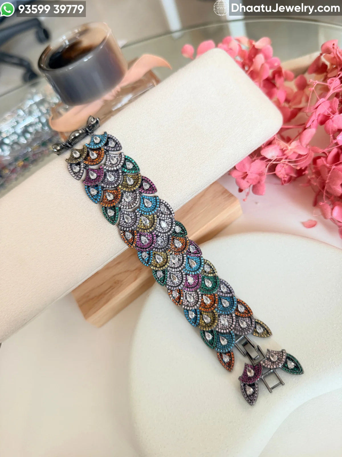 Multicolor Scalloped Peacock Tail Bracelet in Gold & Black Rhodium Finish - 18cm to 21cm Extendable Cubic Zirconia Statement Jewelry