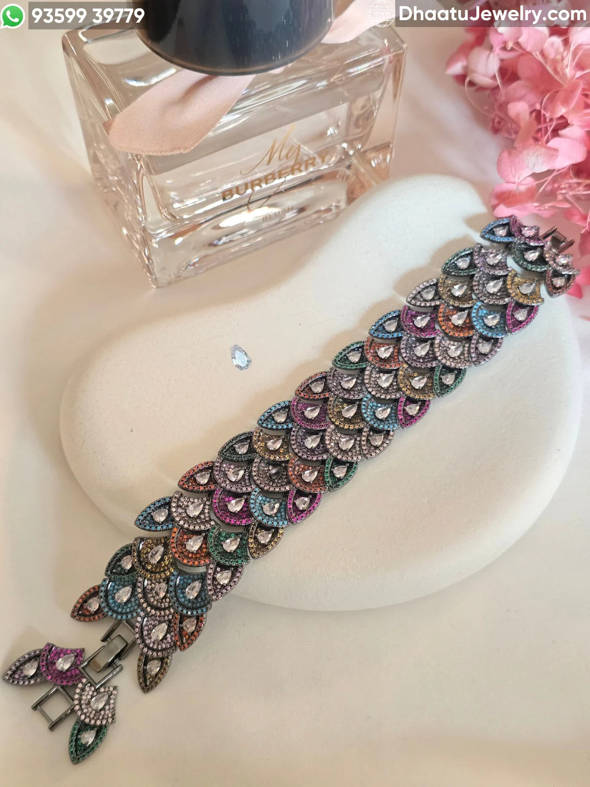 Multicolor Scalloped Peacock Tail Bracelet in Gold & Black Rhodium Finish - 18cm to 21cm Extendable Cubic Zirconia Statement Jewelry