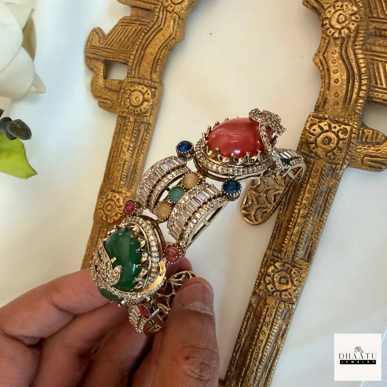 Rivaayat Antique Victorian Brass Cuff Bracelet with Multi-Color Doublet Stones