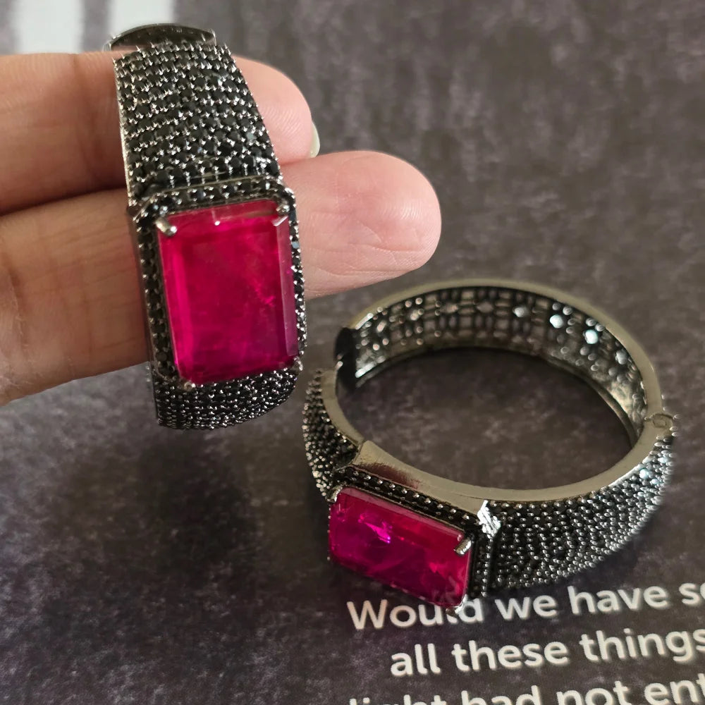 Midnight Fuchsia: Emerald-Cut Pink Crystal & Black Pavé Wide Huggie Hoop Earrings (Gunmetal Finish)