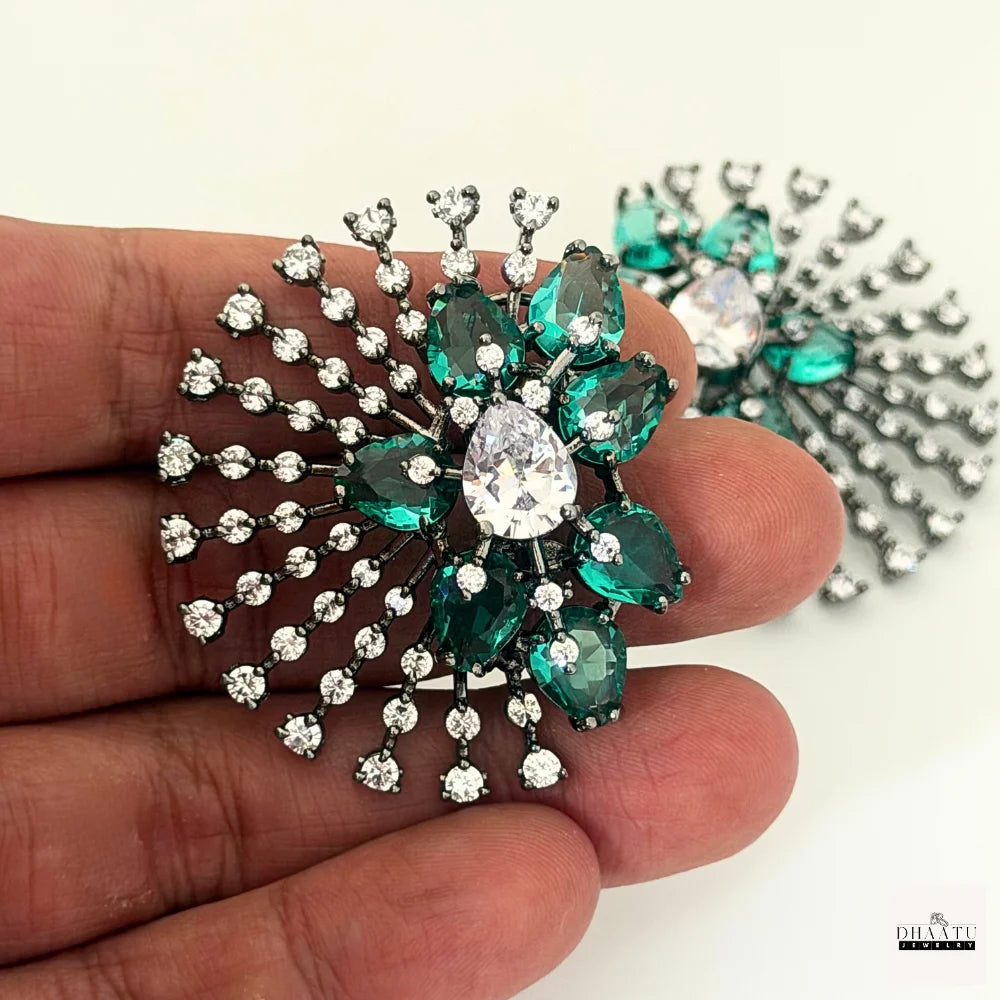 Victorian Black Plated Luxury Ear Tops/Studs – Zircon & Colored Stone Fan Earrings