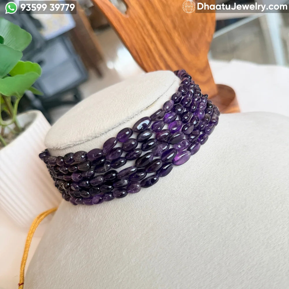 Elegant 6-Layer Natural Amethyst Bead Choker Necklace – 23cm Purple Gemstone Statement Jewelry