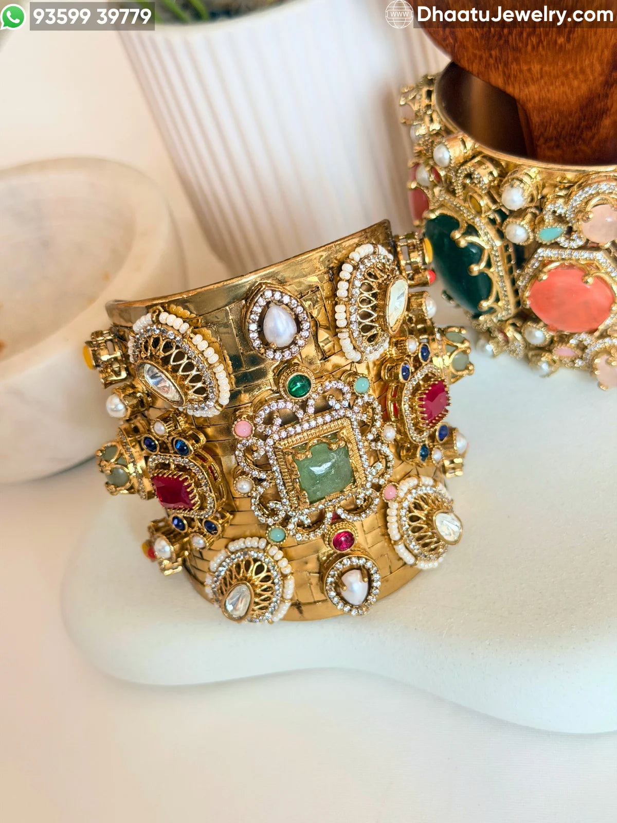 Sabyasachi-Inspired Navratna Multi-Stone Wide Cuff Bracelet | Gold-Plated Brass Statement Kada