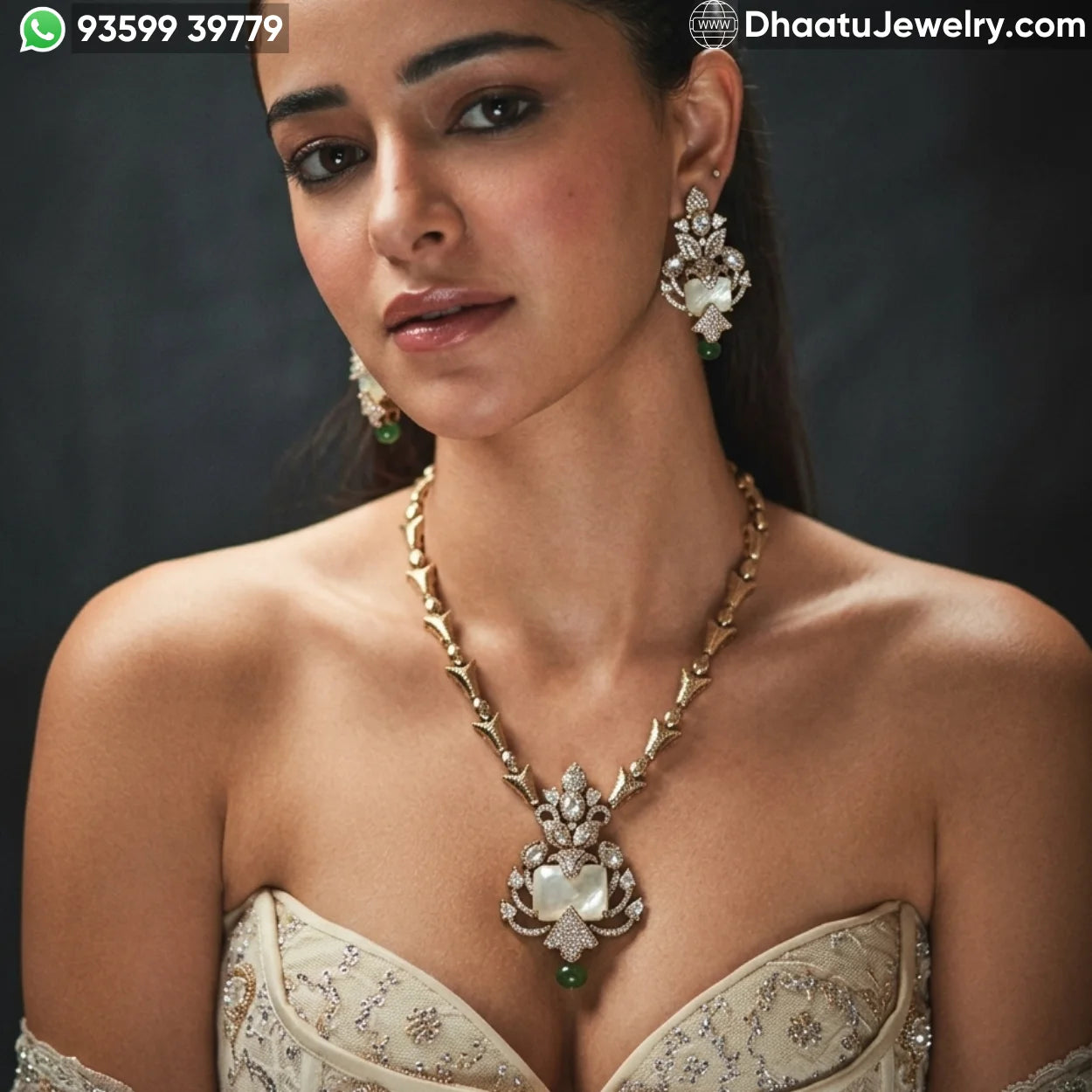 Handcrafted Floral Motif Necklace Set with Rectangular Baguette Stones and Contrast Drops