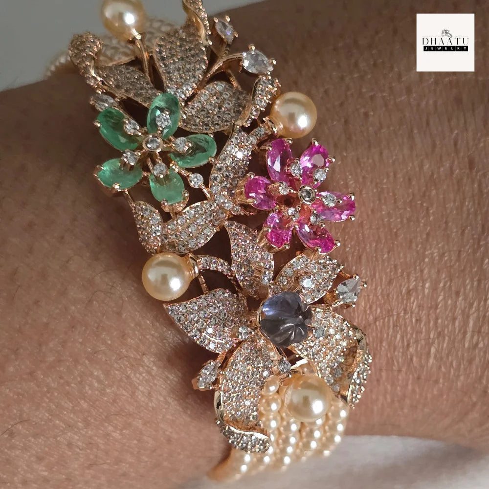 Gulnaar Multi-Hued Floral Multi-Strand Pearl Bracelet in Rose Gold Finish