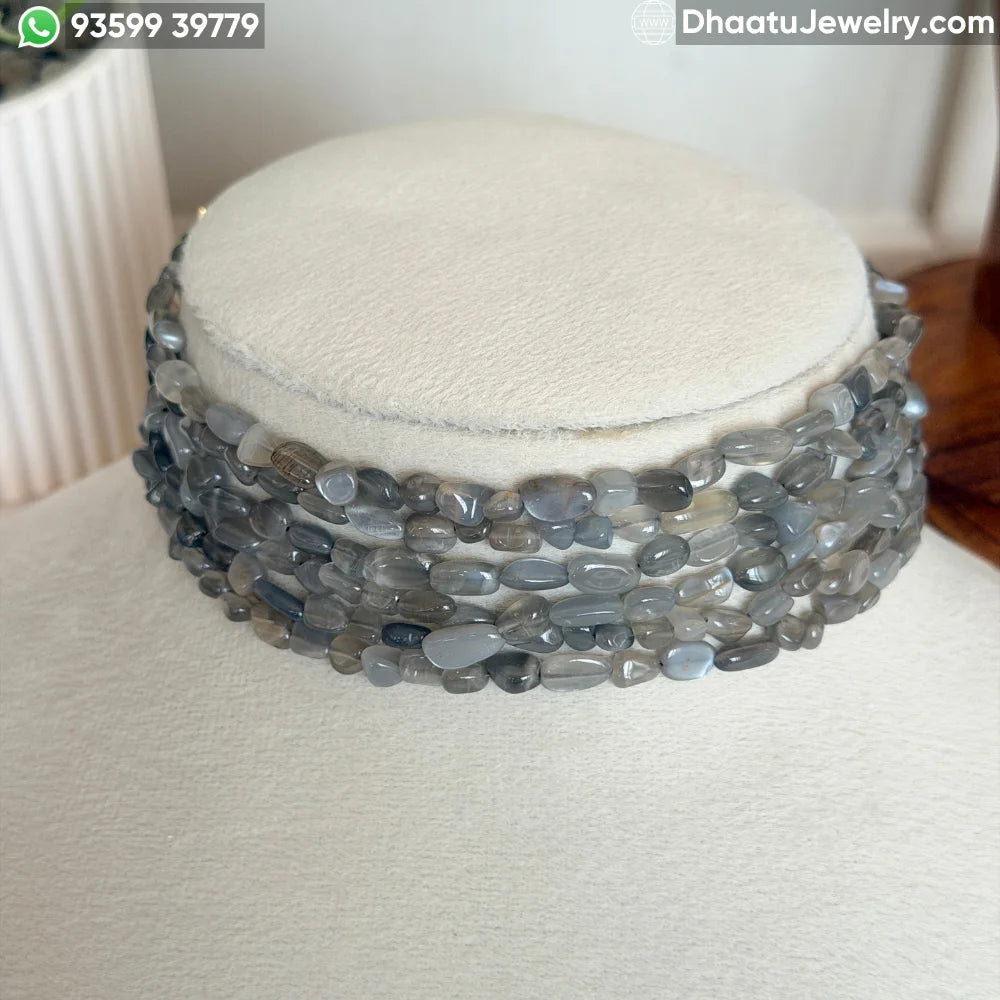 6-Layer Grey Moonstone Natural Stone Beaded Choker Necklace - 4.5cm Wide Handcrafted Smokey Grey Statement Jewelry