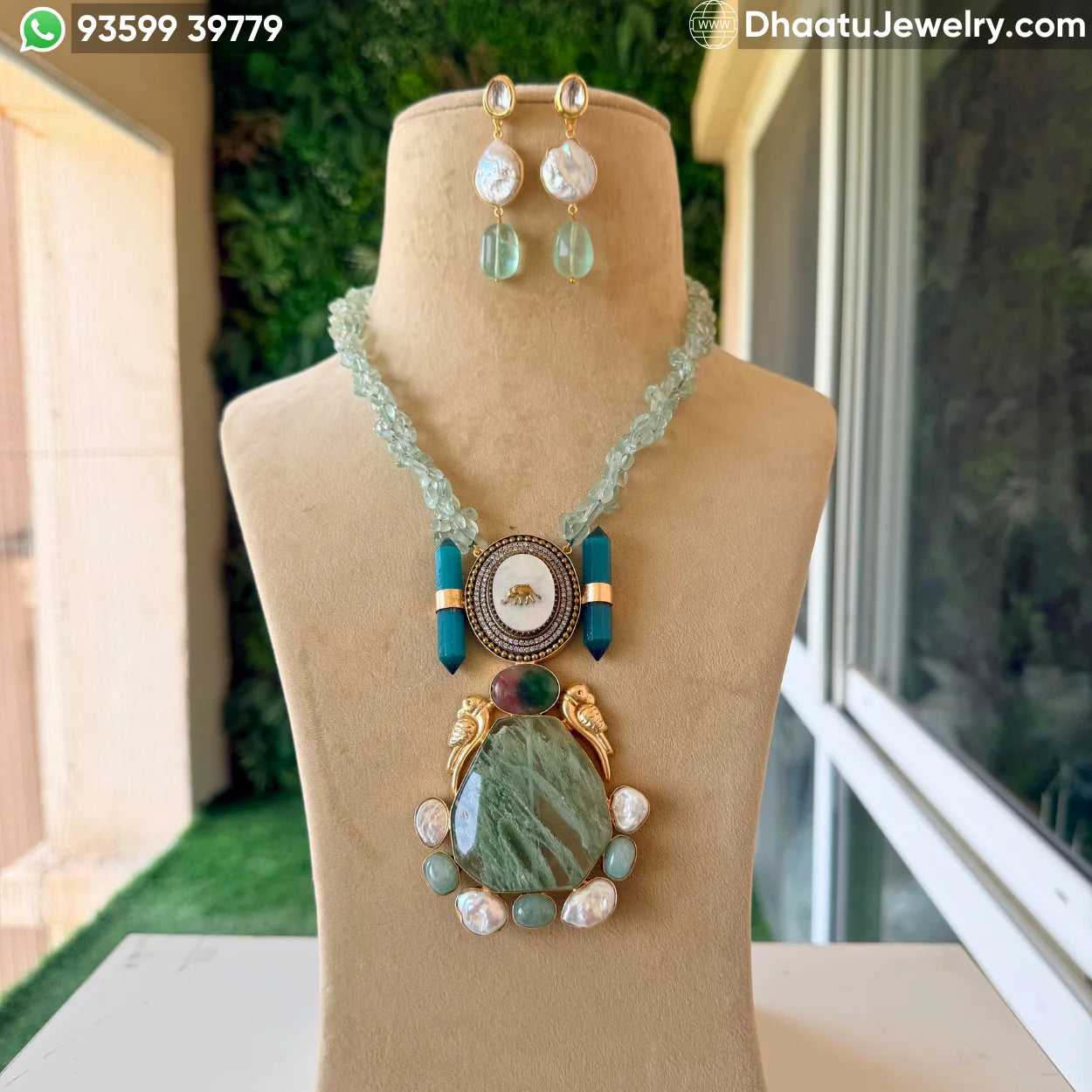 Handcrafted Fusion Statement Necklace Set with Elephant Motif, Emerald-Green Stones, and Baroque Pearls