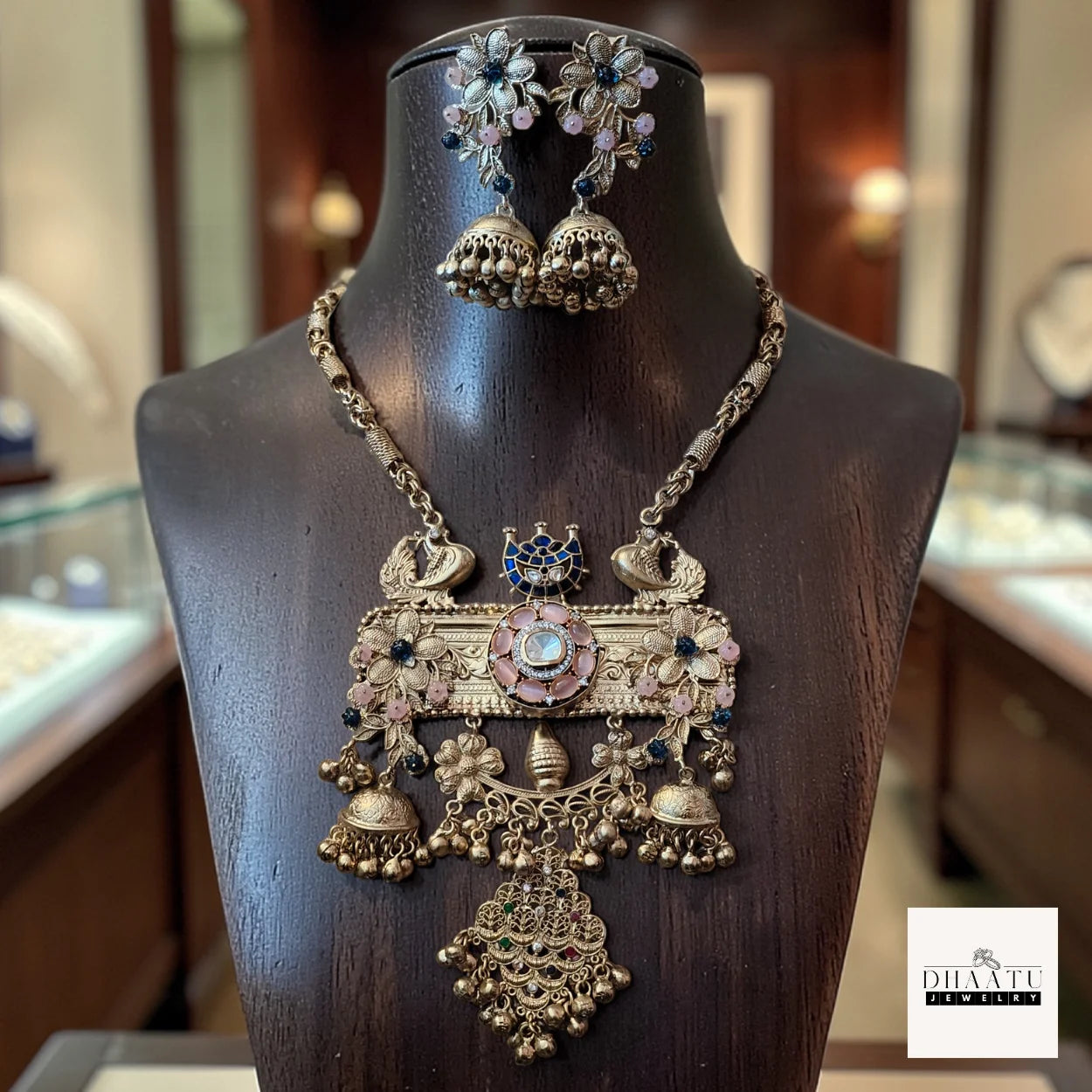 Antique Gold-Tone Peacock & Floral Fusion Necklace Set with Meenakari and Jhumka Details