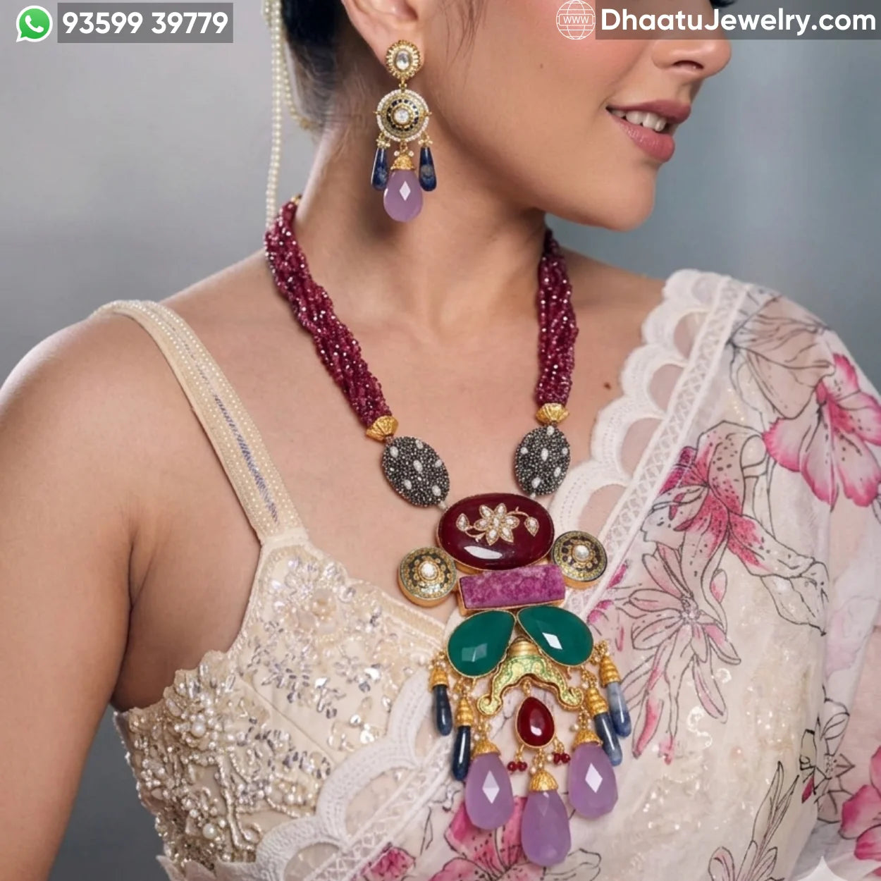 Hand-Enameled Meenakari Fusion Necklace Set with Multi-Stone Accents and Beaded Tassels